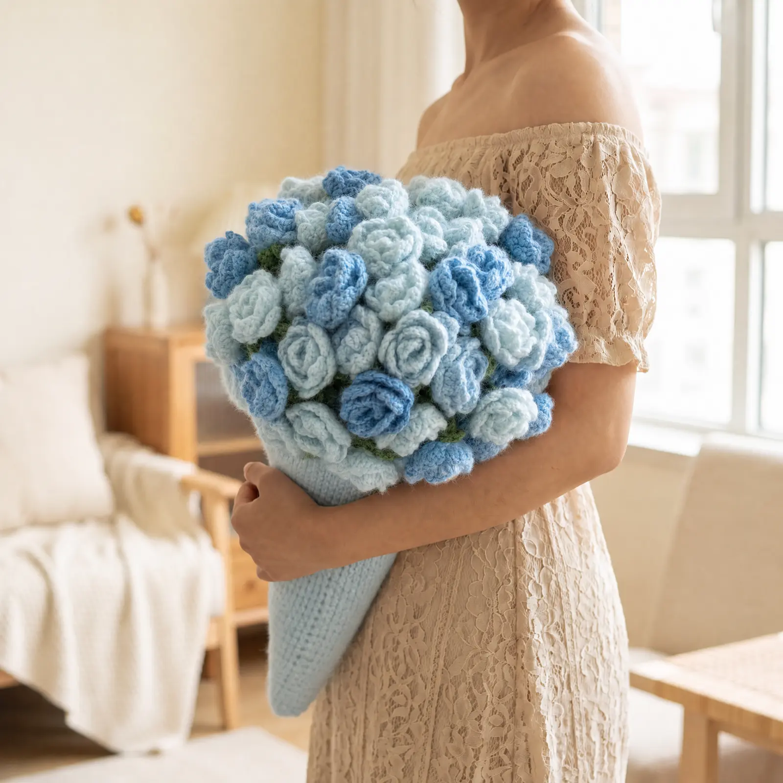 Hand-crocheted blanket with a variegated floral pattern, 55 inches wide. Perfect as both a decorative piece and a festive birthday gift, suitable for all seasons. throw