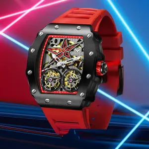 ONOLA Luxury Tonneau Mechanical Watch for Men - Black Case & Red Silicone Strap, Dual Flywheel Skeleton Dial - Sport Statement Timepiece for Casual Wear - Unique Gifts for Him, Anniversary Birthday Gifts for Husband, Boyfriend