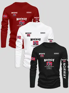Men's Classic 3-Piece Set Letter Flag Graphic Print Long Sleeve T-Shirt, Casual Fitted Bottom Layer, Fall & Winter Fashion, Menswear