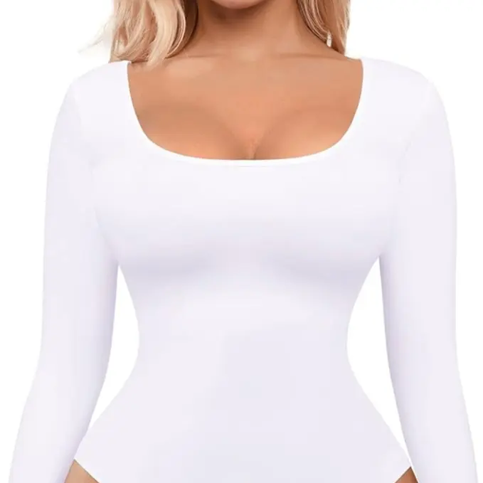 FeelinGirl U-Neck Tummy Control Thong Long Sleeve Bodysuit Comfortable Womenswear 2
