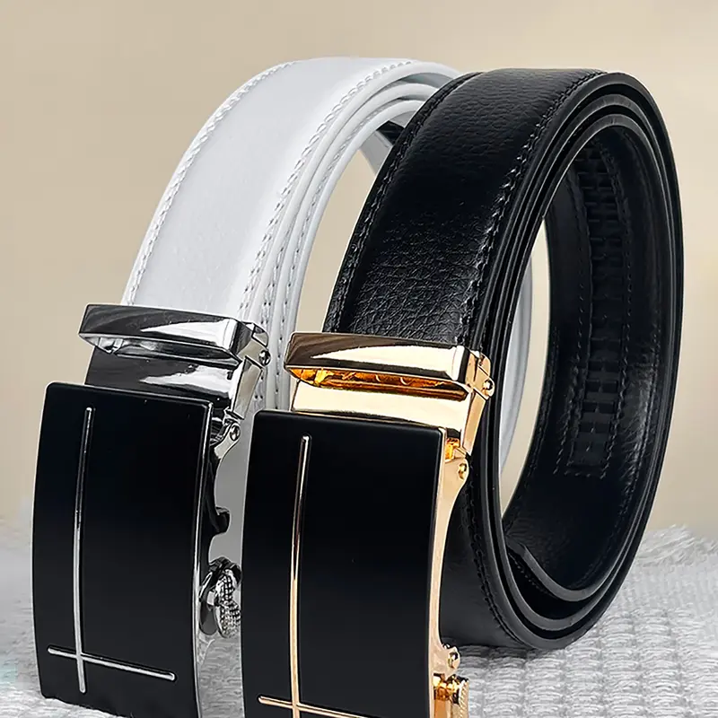Simple business alloy automatic buckle, gold and silver metal decoration casual belt, adjustable ratchet slot belt, comfortable, easy to operate, a holiday gift for husbands and fathers, Pu leather belt, Casual style belts