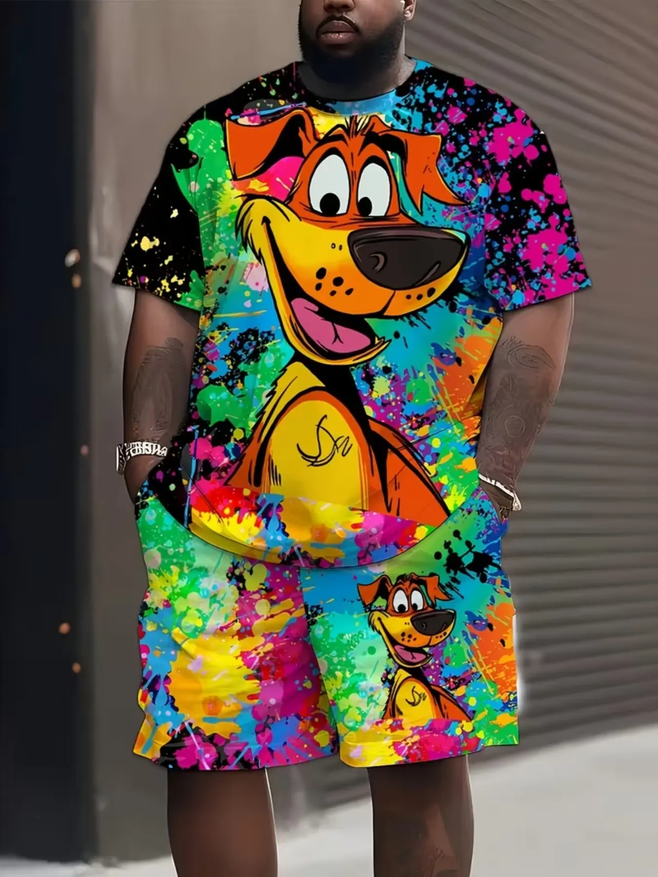 Men's Plus Size Cute Animal Tie-Dye Tropical Print Casual Loungewear Set, Short Sleeve T-Shirt and Shorts Combo, Loose-Fitting, All Seasons, Modern Style, Graphic Tee, Casual Lounge Sets