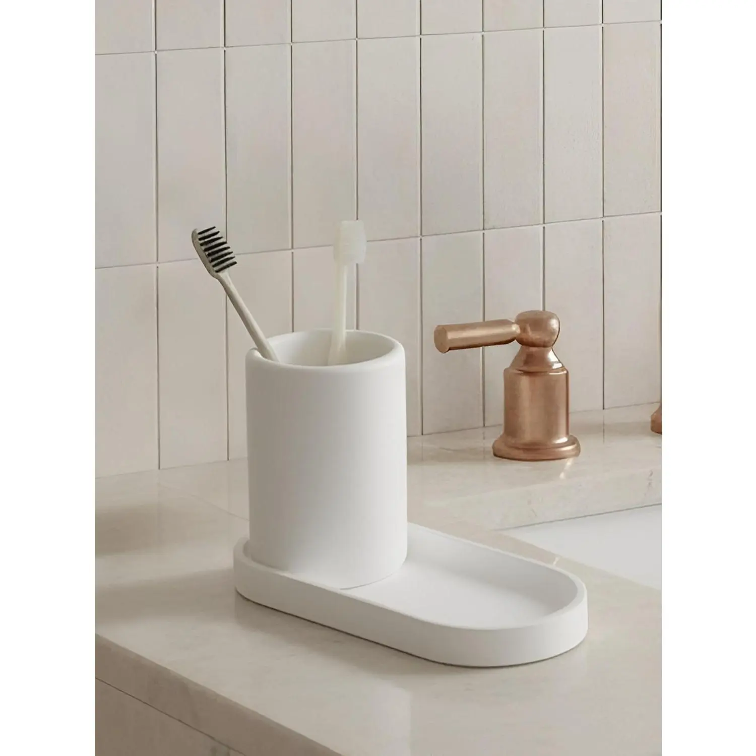 Diatomite Toothbrush Holder with Tray Set – Quick Dry Water Absorbent Stone Bathroom Counter Organizer – Minimalist Diatomaceous Earth Toothbrush Cup&Vanity Tray for Sink, Toothpaste & Accessories