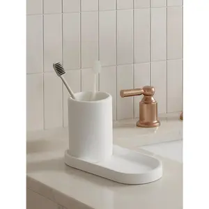 Diatomite Toothbrush Holder with Tray Set – Quick Dry Water Absorbent Stone Bathroom Counter Organizer – Minimalist Diatomaceous Earth Toothbrush Cup&Vanity Tray for Sink, Toothpaste & Accessories
