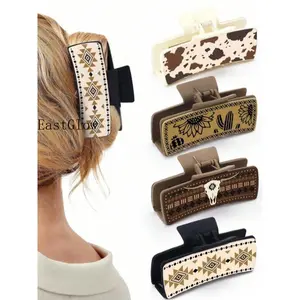 Western Leather Hair Claw Clips Sunflower Floral Square Clips Southwest Cow Print Cowhide Hair Accessories Large Aesthetic Hair Clips Western Cowgirl Stuff Gift For Women Girls Boho