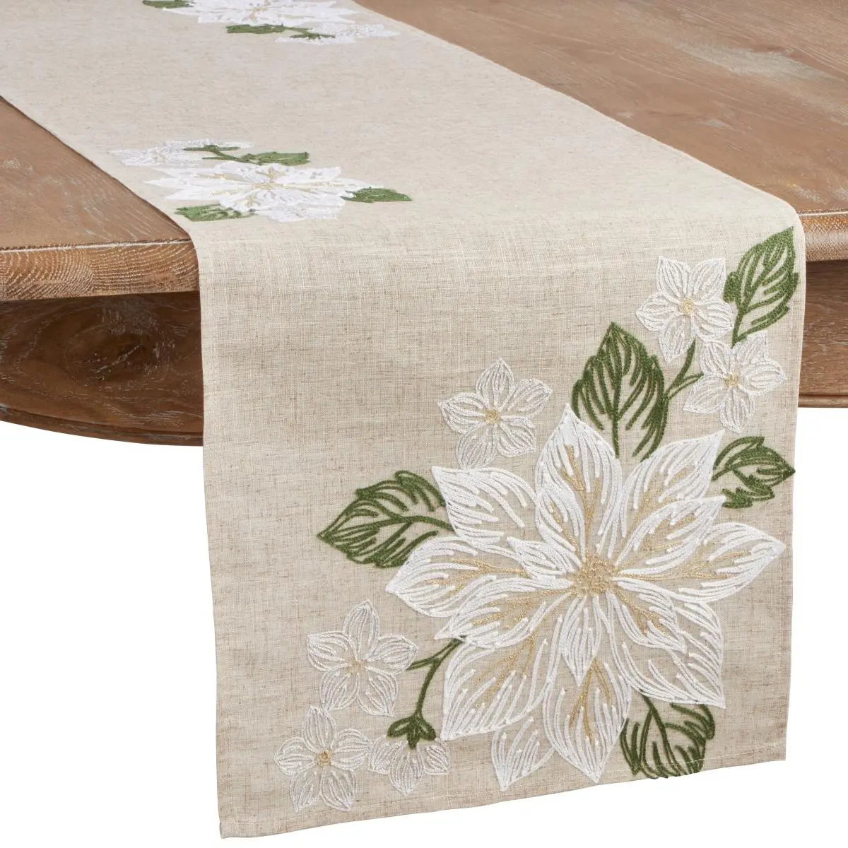 Saro Lifestyle 7426.N1670B 16 x 70 in. Embroidered Poinsettia Table Runner, Natural