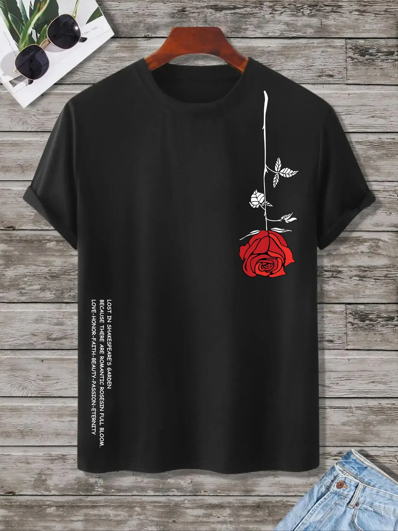 Men's Rose & Letter Print Round Neck Tee, Summer Clothes, Regular Fit Casual Fashion Short Sleeve T-shirt for Summer Daily Wear, Graphic Tees, Men's C