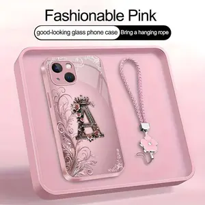 Crown Floral Art 26 letter Phone Case, Suitable for [iPhone 13 Mini] high-end women's, Lanyard a beautiful four-leaf clover lanyard is included🍀 952