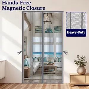AIYYIPA Summer Mosquito Net Screen Door, Automatic Closure Magnetic Curtain, Door Curtain with Storage Hooks, Gray Striped Self-Adhesive Folding Door, Easy to Install Without Drilling