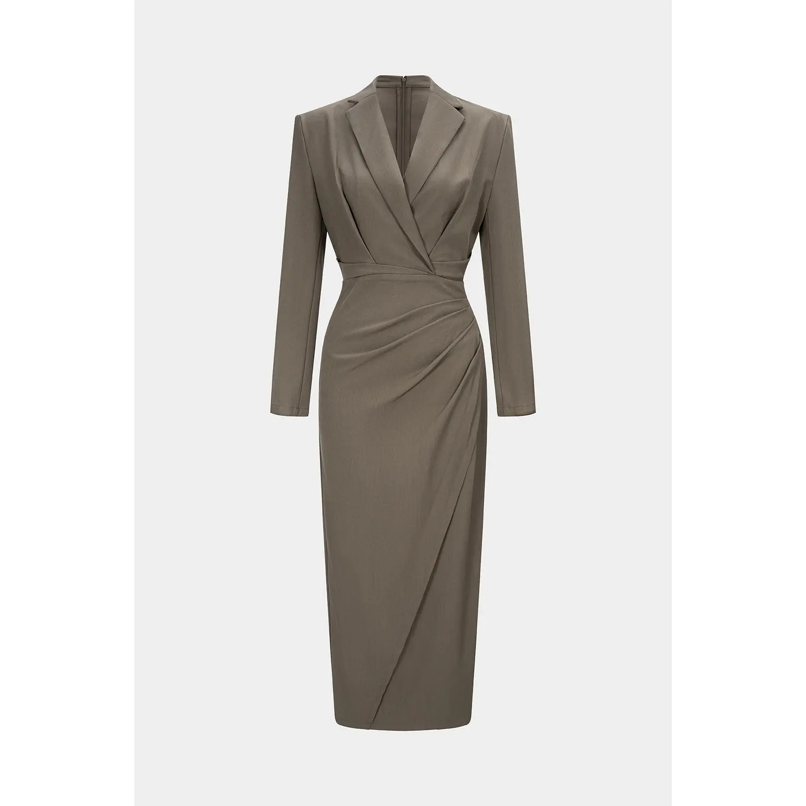 Women's Chic Elegant Formal Long-Sleeve Notched Lapel Asymmetric Ruched Fitted Polyester Twill Dress for Lady Office & Corporate Wear