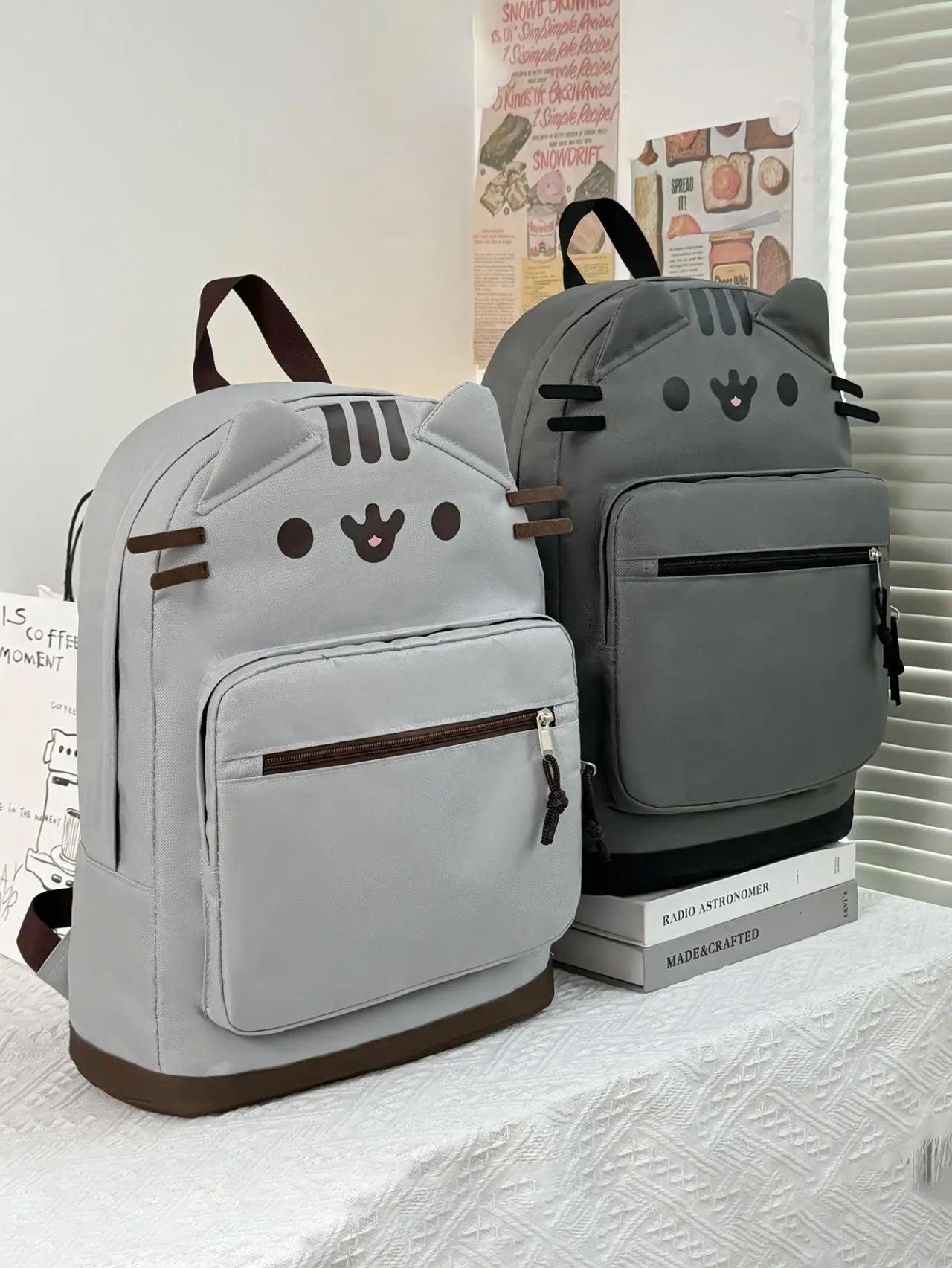 Viral Kawaii Pusheen Grey Cat Backpack with 3D Ears, Cute Cartoon Cat Face Lightweight School Bag for Teen Girls, Aesthetic Water Resistant Daily Backpack Back To School Gift
