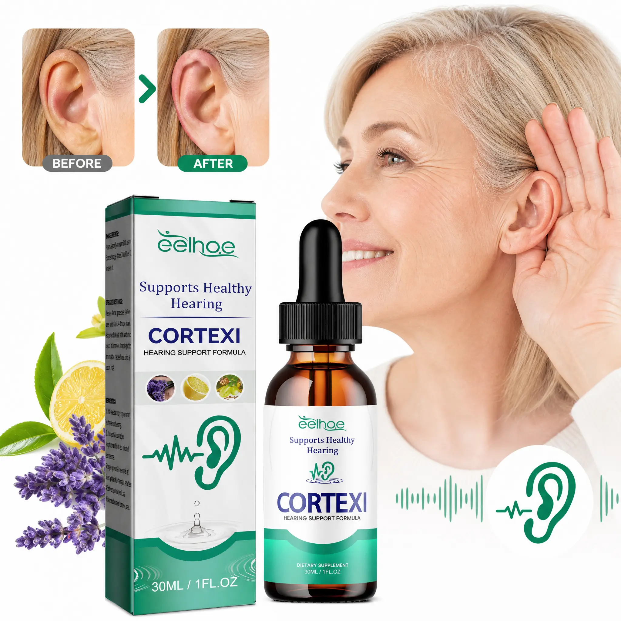 Eelhoe Cortexi Ear Drops - 30ml Bottle with Natural Oils (Lavender, Lemon, Grape Seed), Tinnitus Relief, Ear Inflammation Treatment, Hearing Restore Support (Home, Party Gift Supply) with Cotton Ball Wipe