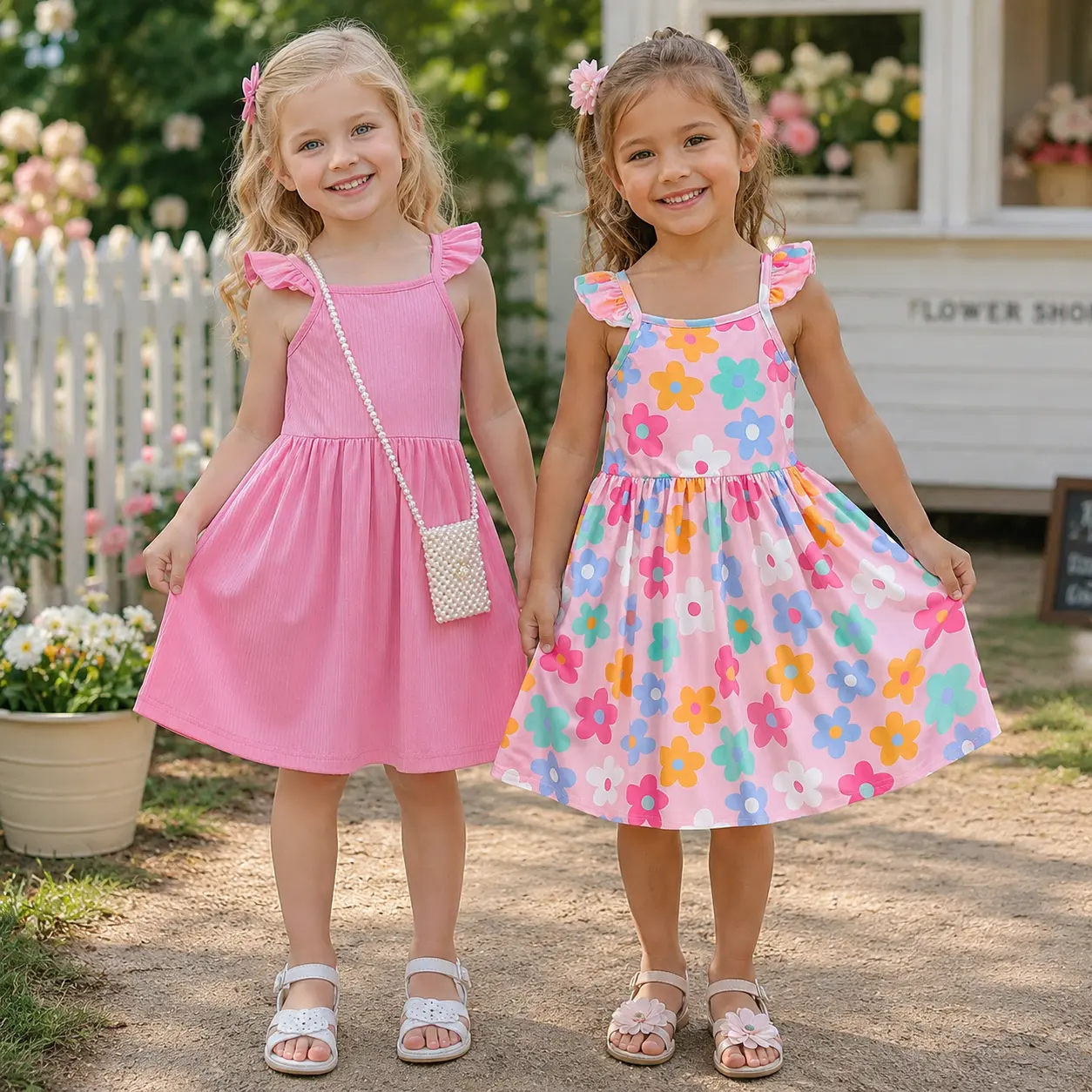 2-Pack Girls Summer Dresses, Pink Ribbed & Multi-Color Floral Print Sun Dresses for Kids 4-7 Years Old, Cute Ruffle Strap Sleeveless Skater Dress Set, Breathable Soft Cotton Toddler Girl Fashion Pack