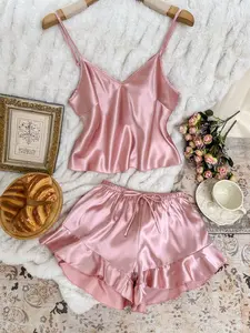 Women's Sleepwear Set, Pure Color V-Neck Adjustable Thin Strap Top + Pleated Shorts Home Wear, Comfortable Elegance Nightwear for Women