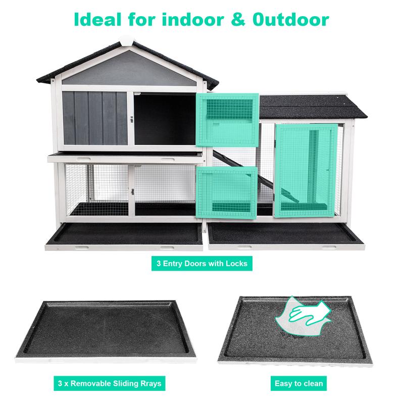 Large Multi-Level Wooden Rabbit Hutch with Run, Spacious Indoor/Outdoor Bunny Cage, Removable Tray for Easy Cleaning, Pet House for Rabbits, Guinea Pigs & Small Animals