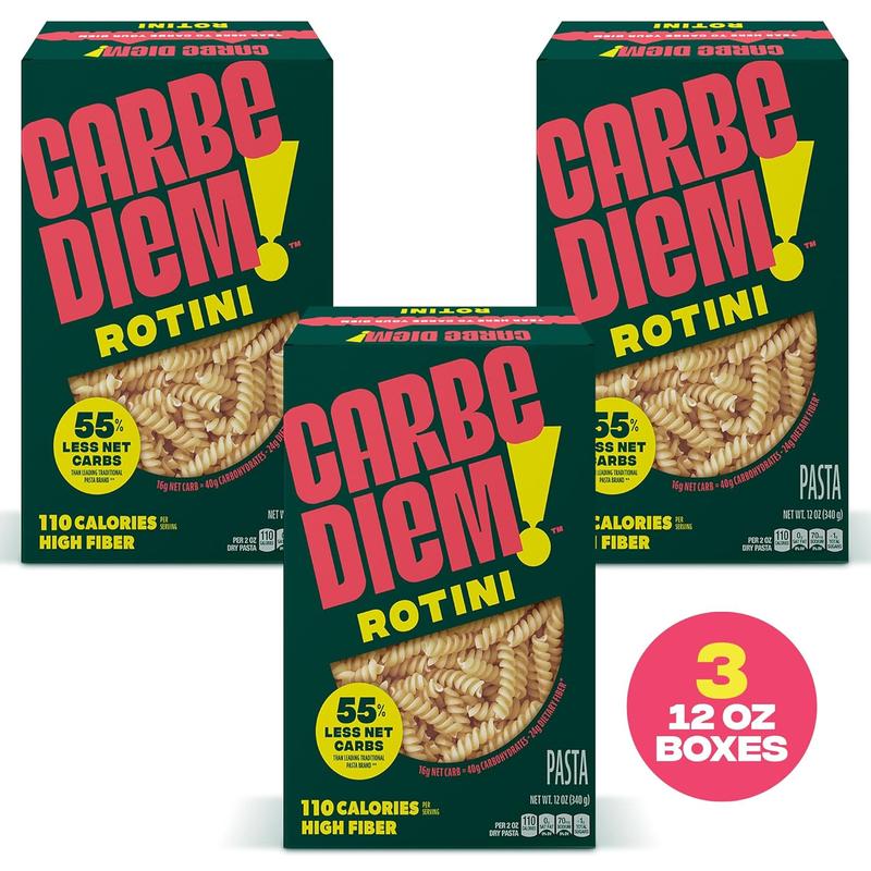 Carbe Diem!, Rotini, Lower Net Carb Pasta with Traditional Flavor & Texture, 8 grams of Protein, 55% Fewer Net Carbs & Only 110 Calories Per Serving, Pack of 3