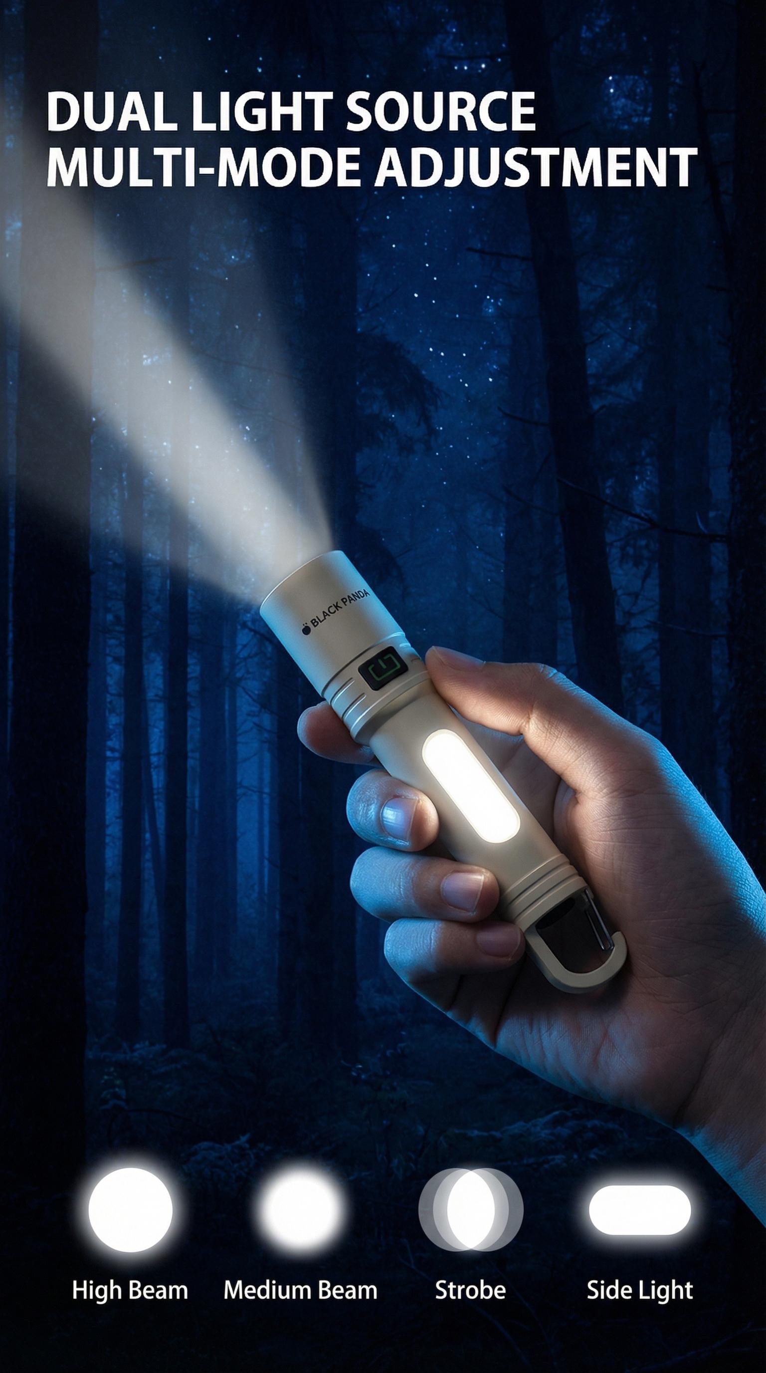 Black Panda Portable Flashlight with Hook Built-in Tail Hanger COB Side Light  Max 500 Lumens TYPE-C Quick Charge Perfect Companion for Hiking and Camping