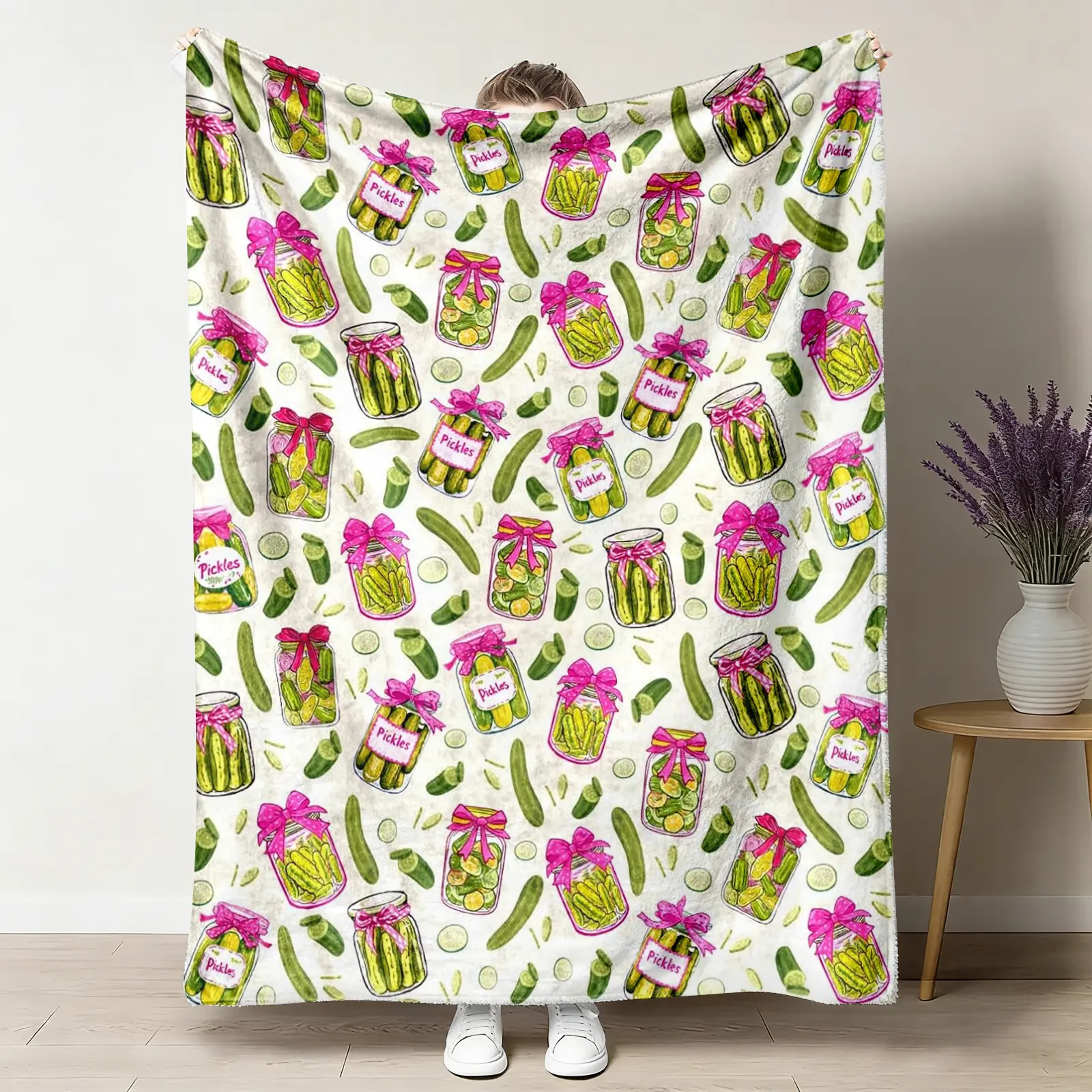 Pickled Pattern Print Flannel Blanket Throw - Wrinkle Resistant, Stain Resistant, Soft, Durable, PVC-Free, 30x40 to 60x80 in Multi-Size (50x60 in Option), Machine Washable, Travel-Friendly, Bed/Couch Decor, Pickle Lover Birthday Gift, Classic