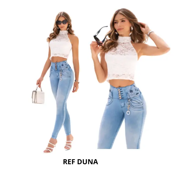 Premium Colombian jeans for women, in blue, without pockets, with a push-up effect that enhances the buttocks, a 5-button waistband, and a slim fit with a sexy and elegant design that accentuates curves. Beautiful jeans, denim. Skinny Skinny Skinny Bottom