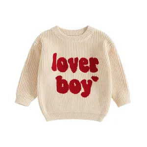 REDWOON Toddler Baby Boy Valentine's Day Outfit Letter Embroidery Knit Sweater Long Sleeve Knitted Pullover Sweatshirt Top