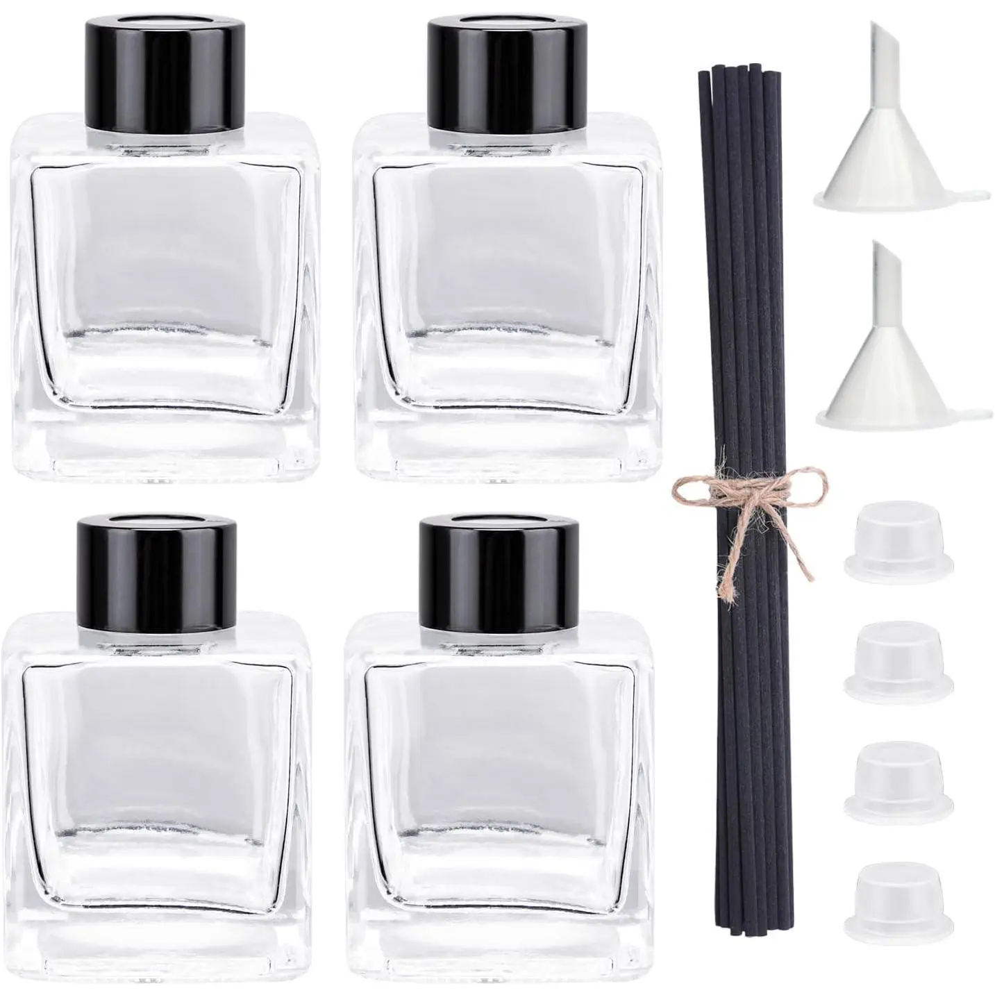4 count Glass Diffuser Bottles, Refillable Square Shape With 20 count Reeds Sticks, Black Caps & Funnel, 3.3" High 100ml 3.52 fl oz. Jars for  Oil  Decoration