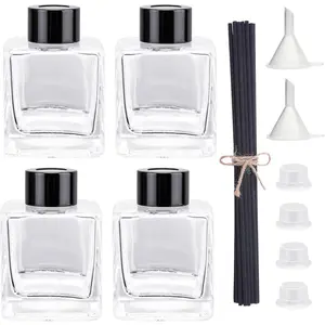 4 count Glass Diffuser Bottles, Refillable Square Shape With 20 count Reeds Sticks, Black Caps & Funnel, 3.3" High 100ml 3.52 fl oz. Jars for  Oil  Decoration