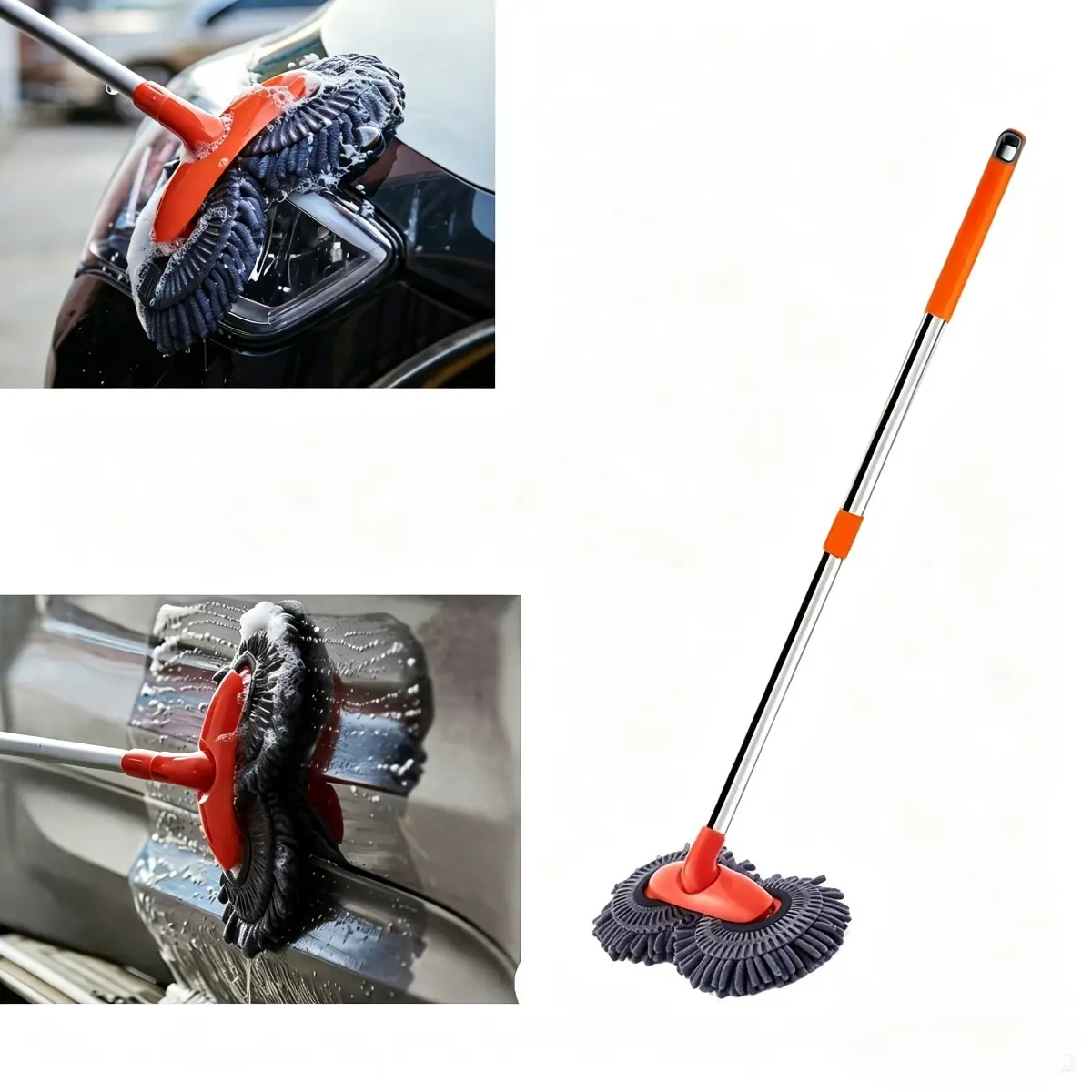 Extendable Dual-Head Chenille Cleaning Tool with Soft Scrubbing Brushes for Auto Detailing And Waterless Car Wash, Featuring a Rotating Mop, Without Battery