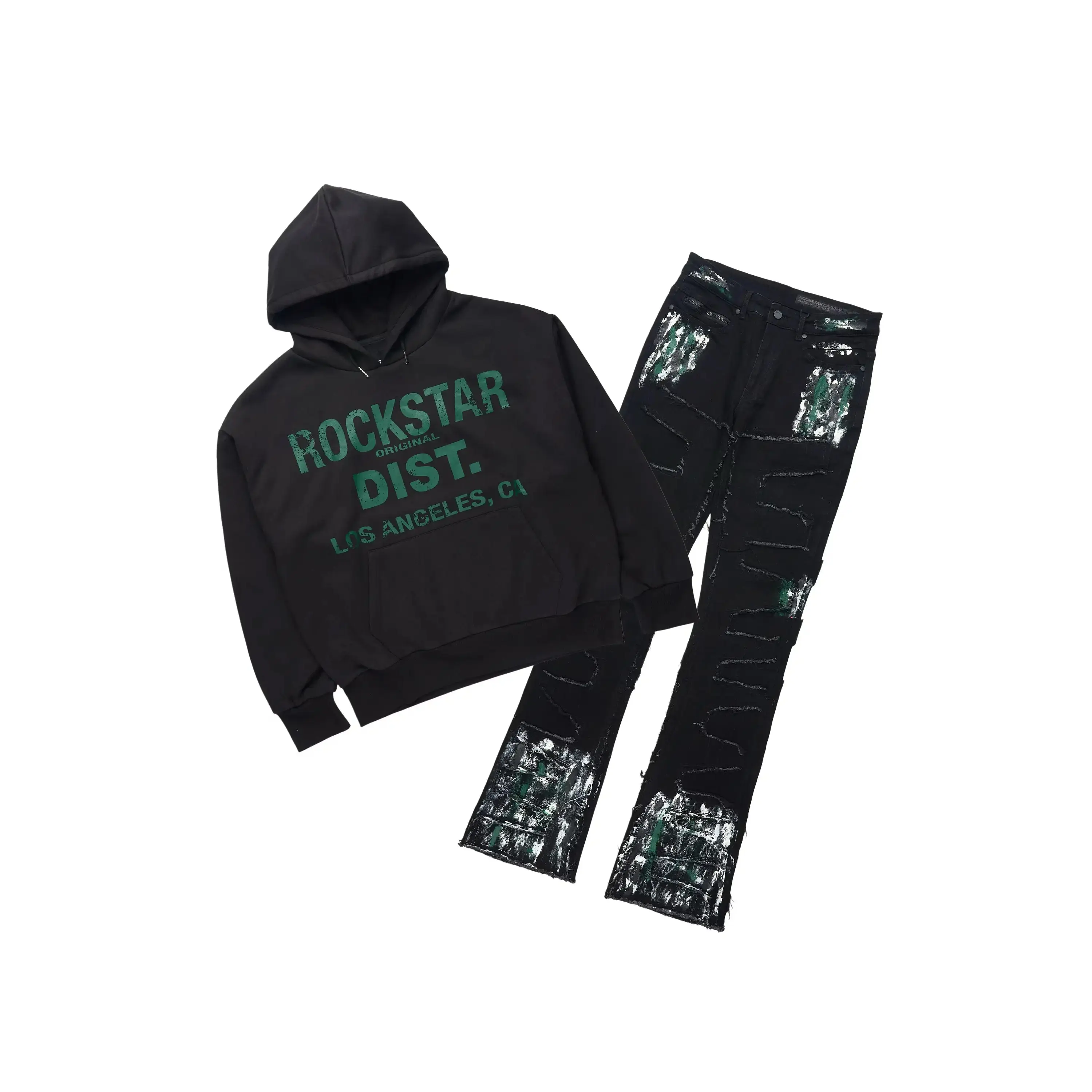Saxon Black/Green Hoodie/Stacked Flare Jean Set