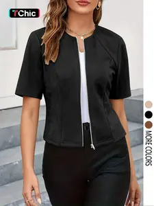 Women's Short Sleeve Zipper Jacket, Slim Fit Casual Outerwear, Versatile Daily Commute Wear, Stylish and Comfortable Design