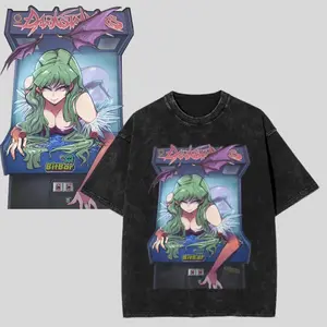 Men's Vintage Acid Wash Darkstalkers Morrigan Arcade Game Graphic Oversized T-Shirt, 100% Cotton Retro Fighting Game Waifu Streetwear Top, Match Baggy Cargo Pants, Trucker Hat & Skate Sneakers for Arcade Night, Comic Con & Urban Casual Outfits