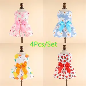 4pcs Spring Summer Floral Print Dog Dresses, Small Medium Dogs Teddy Cats Pet Clothes, Cute Thin Princess Style Puppy Skirts