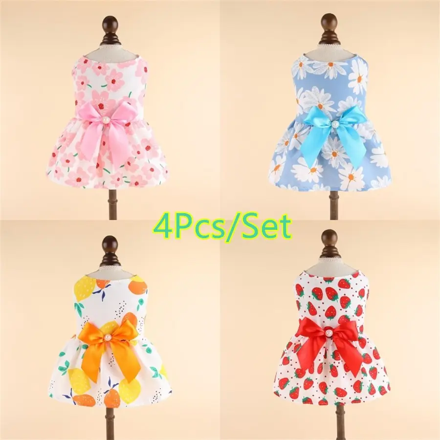 4pcs Spring Summer Floral Print Dog Dresses, Small Medium Dogs Teddy Cats Pet Clothes, Cute Thin Princess Style Puppy Skirts