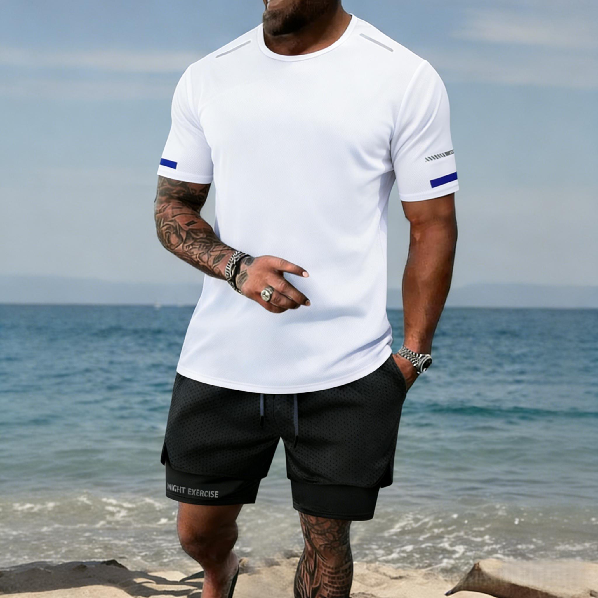 Men’s T-shirt and shorts set, regular fit, quick-drying, breathable, sweat-wicking; stylish sports-casual short-sleeve top and shorts combo—summer men’s apparel set.