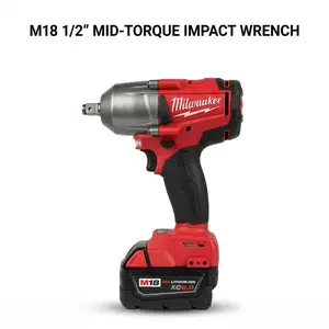Milwaukee M18 FMTIWF12 Medium Torque Impact Wrench, 1/2-inch square head drive, suitable for M22 bolts and automotive repair, torque up to 900 Nm, impact frequency 3100 IPM, includes battery and charger. Kit Set