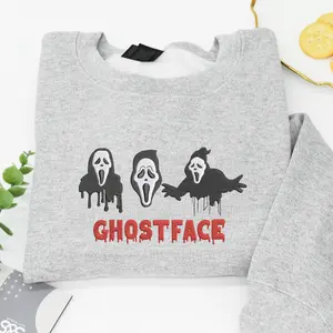 Ghost Face Embroidered Sweatshirt – Scary Ghostface Mask Halloween Pullover Spooky Horror Aesthetic Streetwear, Cozy Gray Crewneck Fall Outfit, Unique Creepy Gift for Horror Fans