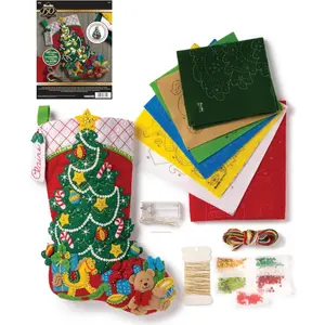 Felt Applique 18" Stocking Making Kit with LED Lights, Christmas Tree Surprise, Perfect for DIY Arts and Crafts, 86710