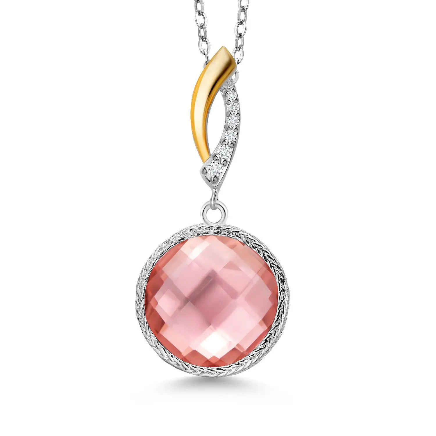 925 Silver and 10K Yellow Gold Morganite Peach Nano Morganite and Lab Grown Diamond Pendant Necklace for Women | 6.75 Ct | Gemstone October Birthstone | Round 12MM | With 18 Inch Chain