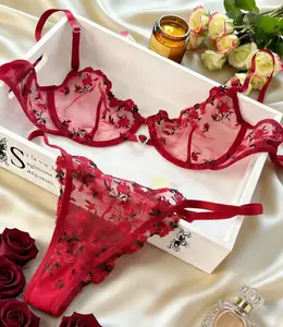 Women's Romantic,  Alluring Burgundy Lace Floral Embroidered Lingerie Set
