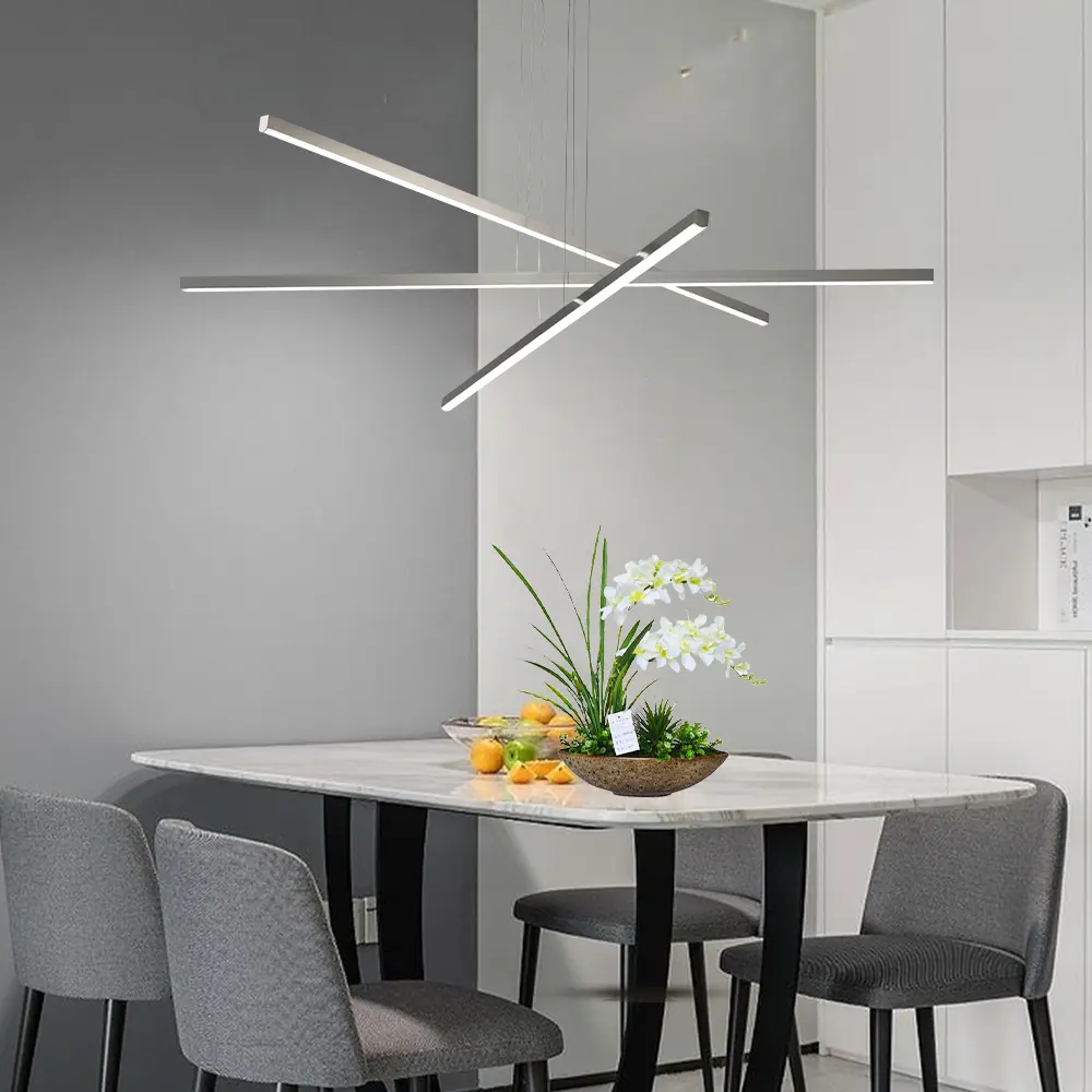 Modern Silver 4-Bar LED Chandelier Drop, 3-Color Dimmable LED Pendant Light, Height-Adjust Linear Indoor Lighting Fixture for Dining Room, Bright Even Lighting
