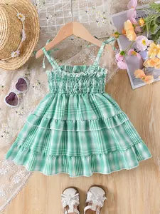 Girls' Sleeveless Dress, Fresh Plaid Farmhouse Style, Layered Skirt Design, Casual Daily Playwear, Light Party, Gingham Dress, Straps Dress, Gingham Print Dress