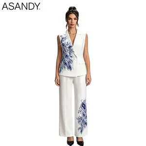 ASANDY Women’s Embroidered Sleeveless Blazer & Pants Set – White two-piece suit with blue peacock feather embroidery, elegant formal outfit