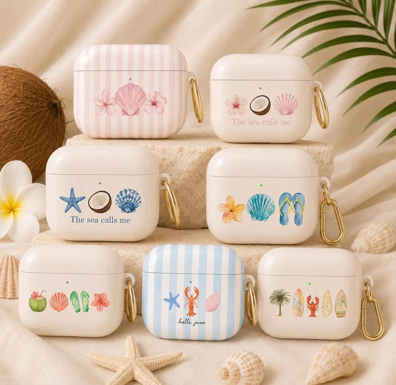 Beach AirPods Case, AirPods Case with Seashell and Coastal Designs, Cute Summer Aesthetic Earbuds Cover with Keychain, Gift for Her