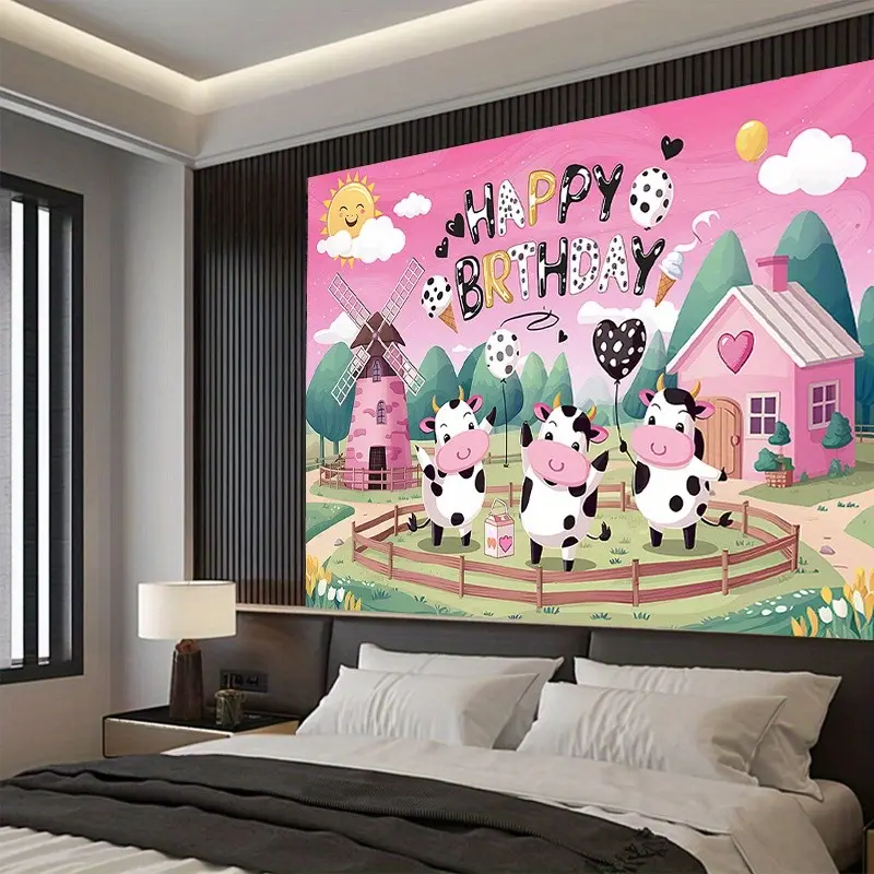 1 party banner, Happy Birthday cartoon cow field background decoration, background photography prop, Photo Backdrops, polyester banner decoration, home decor, party supplies/gift decor, Birthday Party Decorations