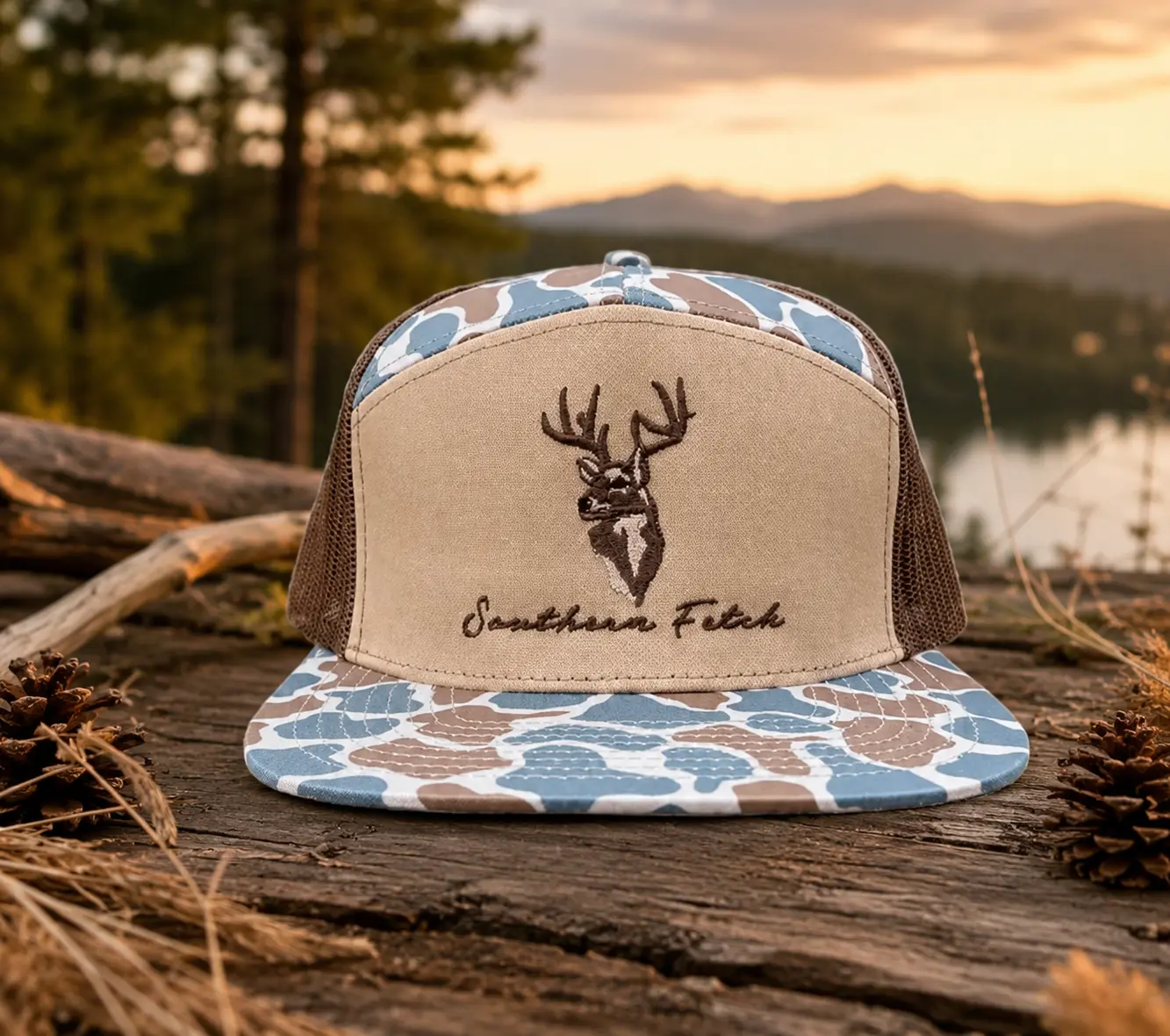 [BEST SELLER 2026] Southern Fetch Deer Camo Trucker Hat, Vintage Outdoor Hunting Cap, Rustic Country Style Embroidered Deer Graphic, Adjustable Mesh Back Hat for Men & Women, Western Woodland Adventure Apparel