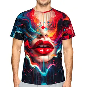 Abstract Art of Colorful Flame Lips Summer Full-Print Short-Sleeve 3D Printed T-Shirt Unisex Outdoor Comfortable Top Party Clothes Couple Pattern Gift for Friends