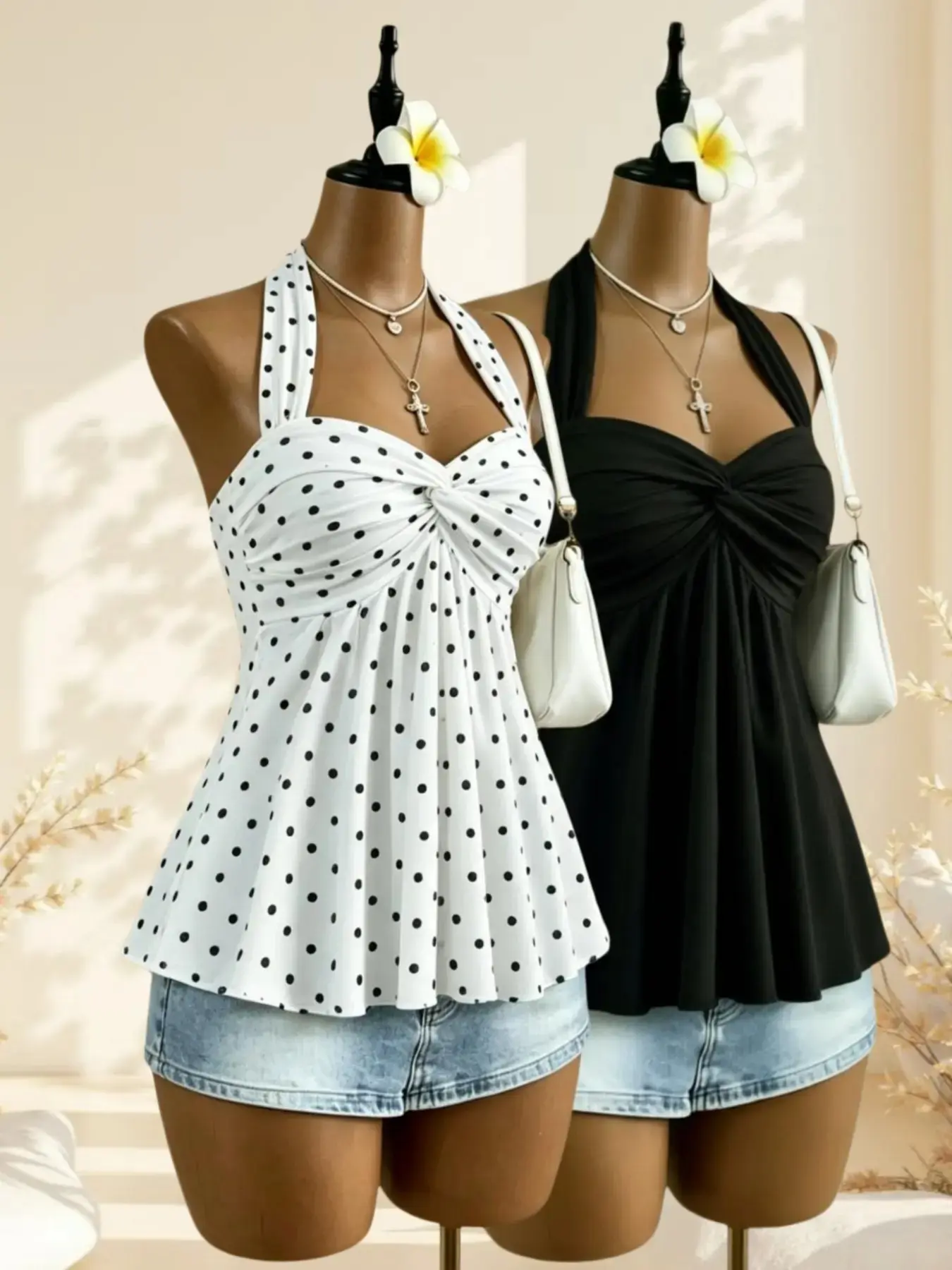 Light Mature Pure Desire Summer Halter Neck Knot Pleated Top Peplum Hem Conceals Fat Slimming Elegant Women Sleeveless Vest Two Pieces Set Lightweight Breathable Trendy Streetwear Vacation Beach Travel Resort Holiday Party Date Night Club Daily Work Offic