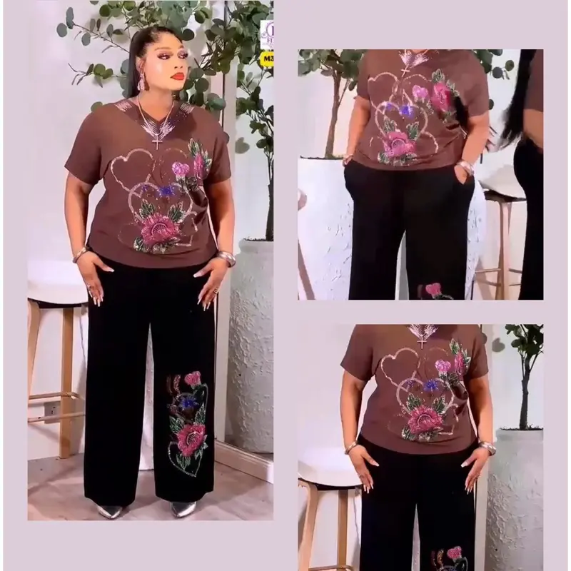 Unique Comfy Summer 2 Piece Sets for Women - Turkey Casual Outfits with Floral Embroidery - Womenswear Shortsleeve Vneck Outfits Elegant Everyday Style
