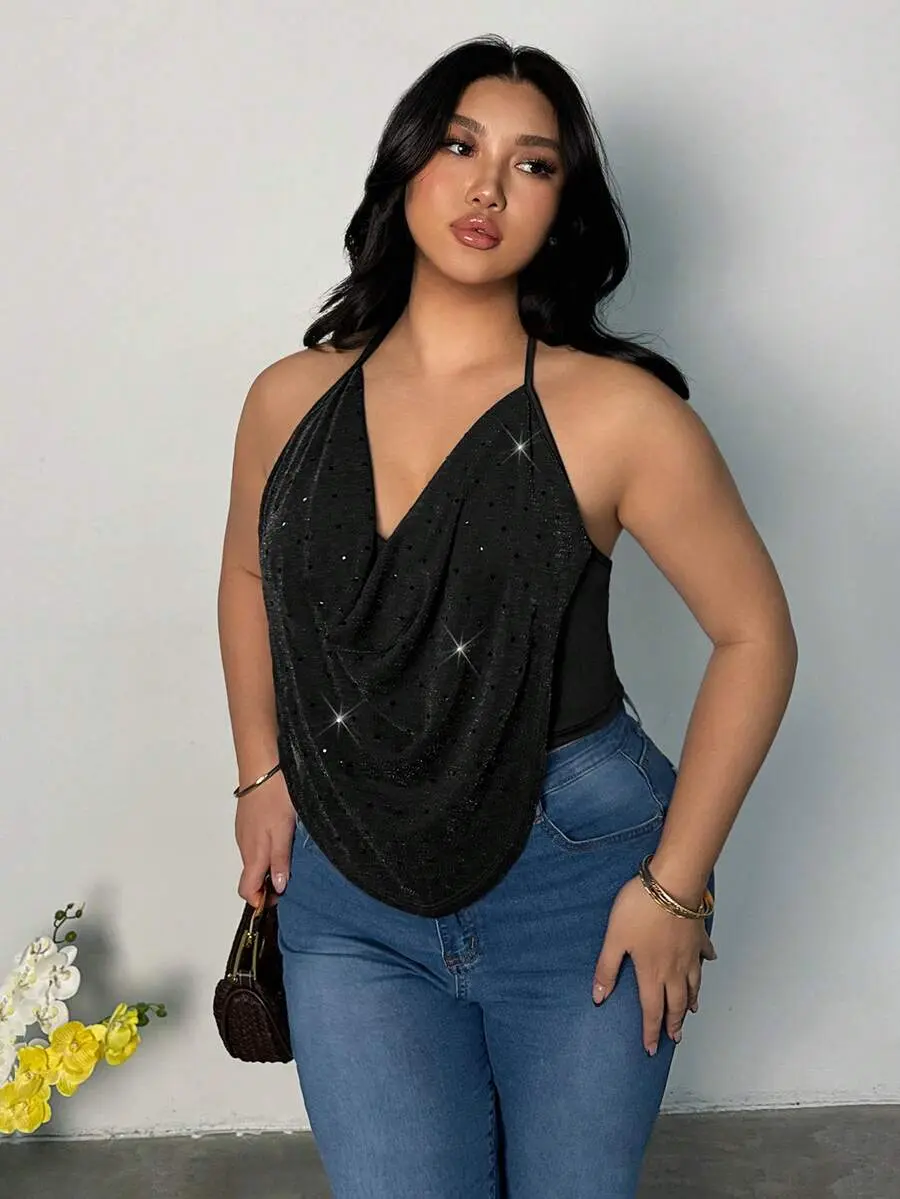 Plus Size Women Solid Color Rhinestone Draped Neck Fashionable Camisole