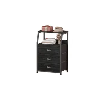 Black Dresser for Bedroom, Small Nightstand with 3 Fabric Storage Drawers and 2-Tier Shelf, End Table Side Furniture for Closet, Hallway, Nursery, Sturdy Steel Frame, Wood Top (Black Oak)