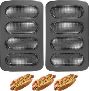 2 Pcs 4-Cavity Perforated Hot Dog Bun Pan, Nonstick Heat Resistant Carbon Steel Bread Loaf Pan for Homemade Buns, Mini Baguettes & Sandwich Baking, Dishwasher Safe PFOA-Free